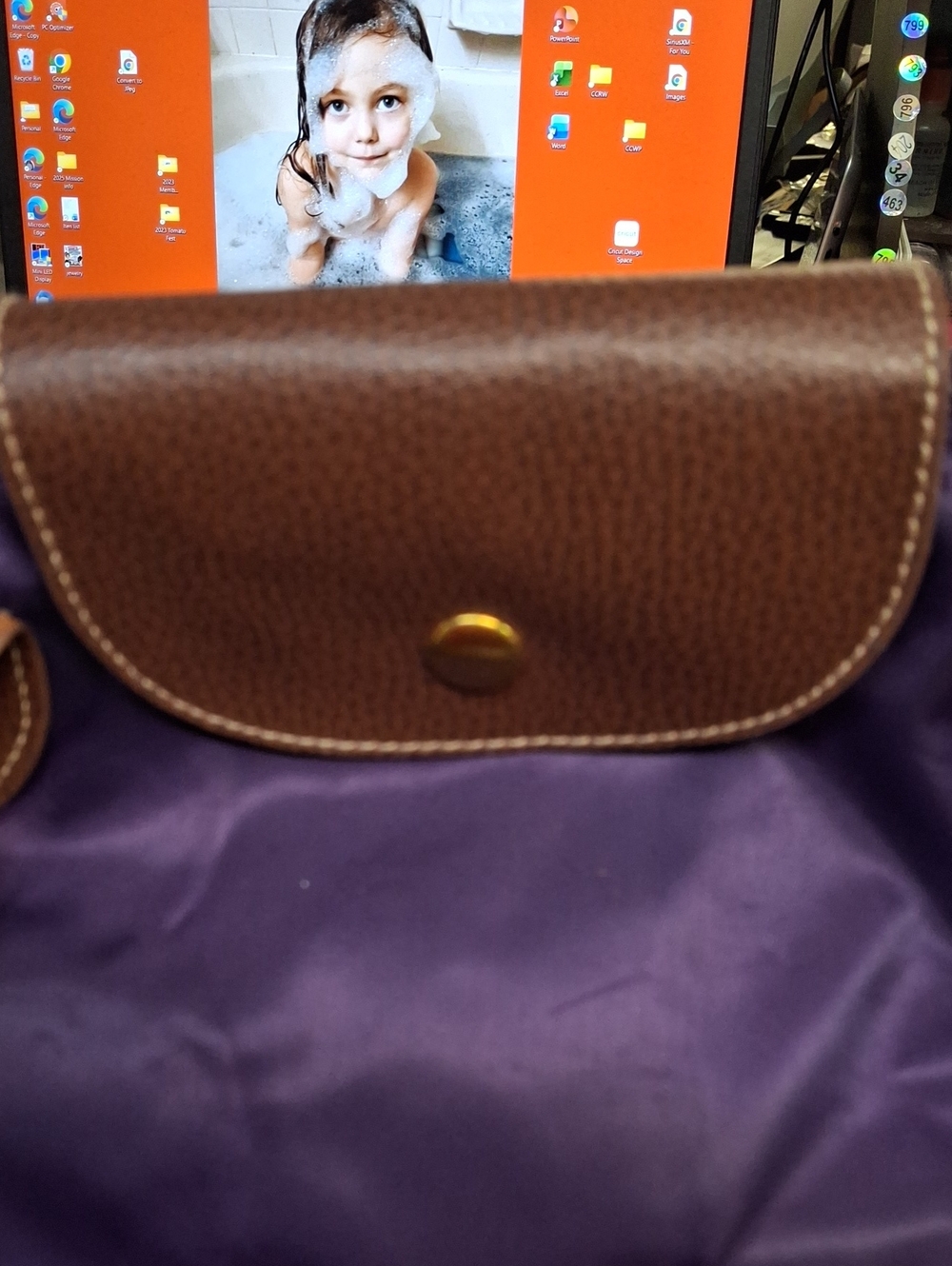 Purple Tote Preloved Brown Leather Trim - Picture 3 of 9